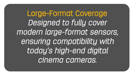 Large-Format Coverage Designed to fully cover modern large-format sensors, ensuring compatibility with today’s high-end digital cinema cameras.